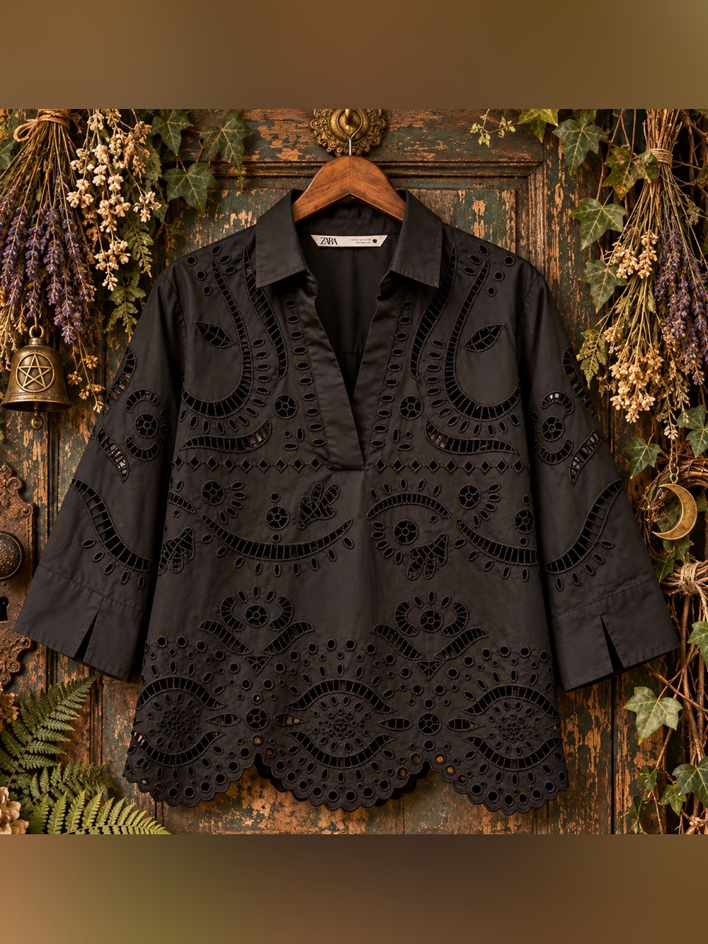Zara ZW Collection Black Eyelet Embroidered Cutwork Shirt Blouse S